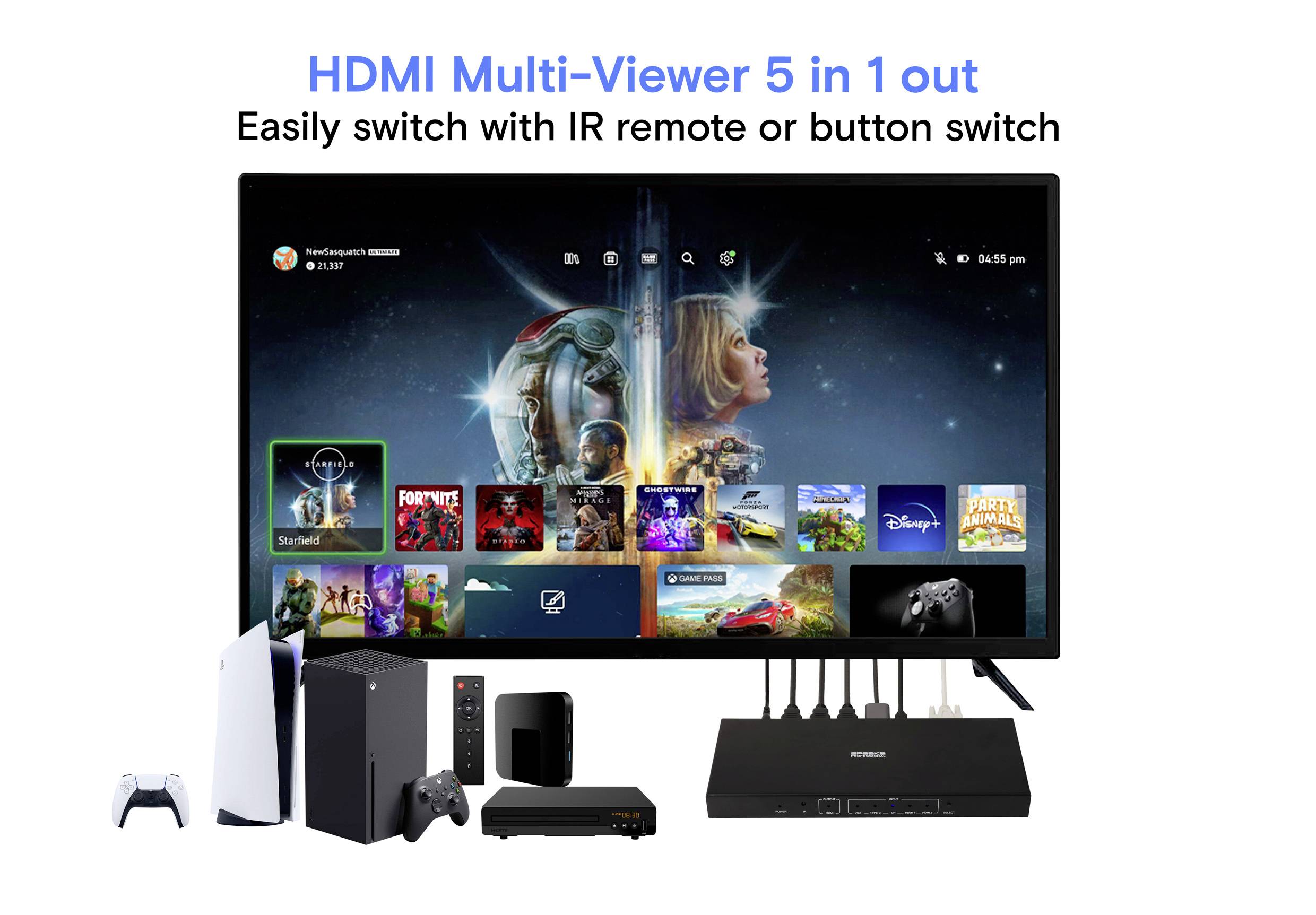 Een tv-scherm toont een menu met verschillende streamingapps. Daaronder worden HDMI-apparaten en een multi-viewer weergegeven, waarbij de connectiviteitsopties worden benadrukt.