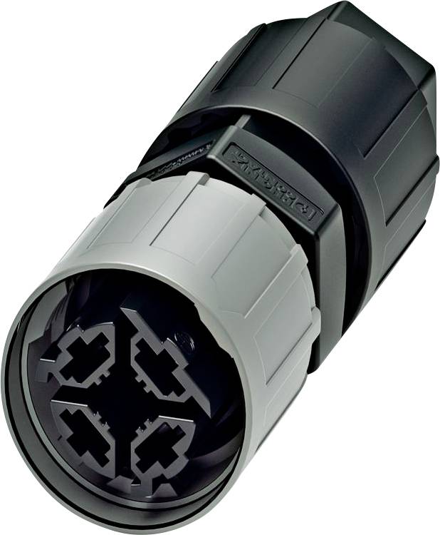Een close-up van een cilindrische elektrische connector met meerdere pennen, voorzien van een zwarte en grijze behuizing, gebruikt voor industriële toepassingen.