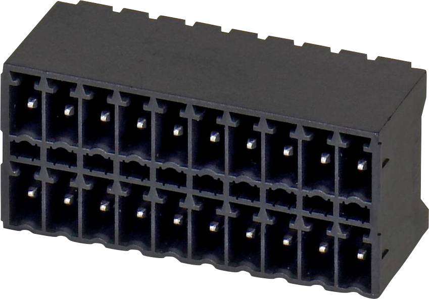 Een zwarte, rechthoekige kunststof connector met twee rijen vierkante vrouwelijke poorten die wordt gebruikt voor elektronische of computerhardware-aansluitingen.