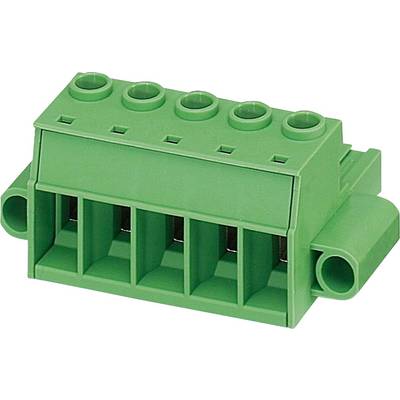 Een groene elektrische aansluitblok met vijf openingen aan de bovenkant voor draadaansluiting en zijdelingse toegang voor bekabeling.