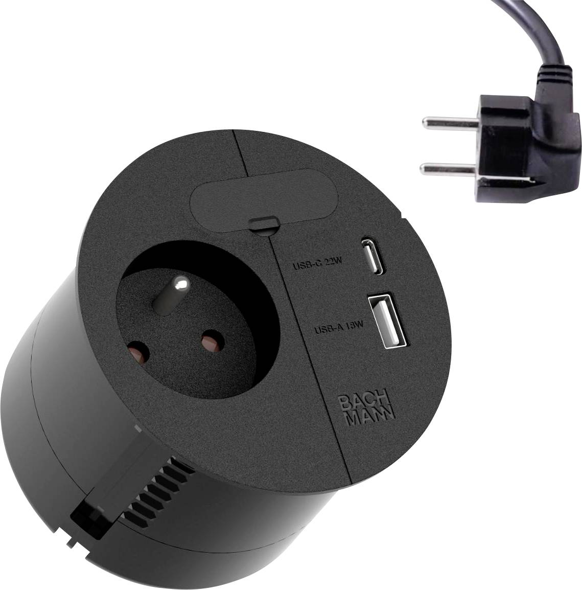 Een zwarte ronde tafelblad-contactdoos met één standaard stopcontact en twee USB-A-poorten aan de zijkant, verbonden door een stroomkabel.