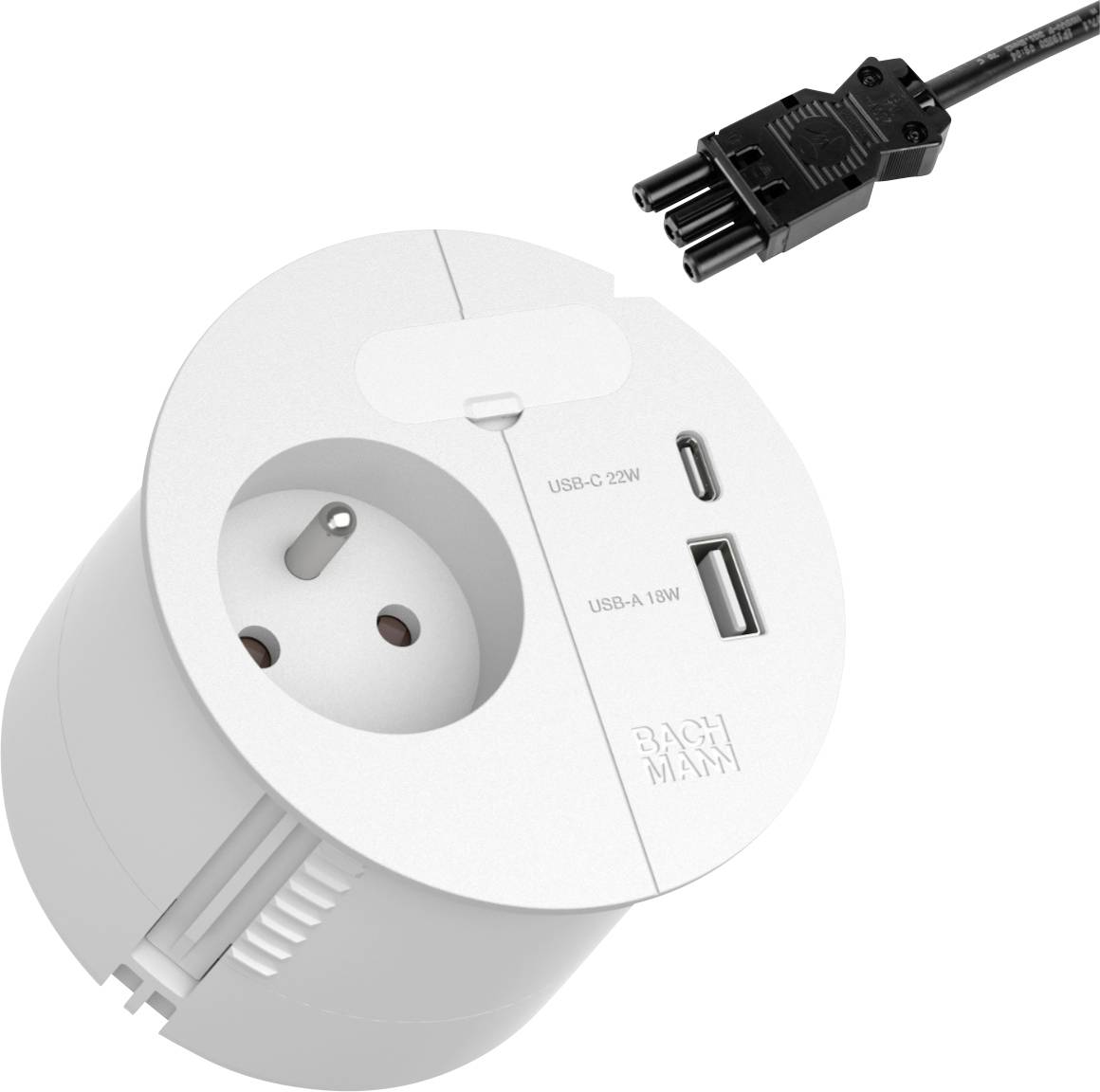 Een witte voedingsstekker met USB-C en USB-A poorten, gelabeld als 'USB-C 22W' en 'USB-A 18W'. Een kabel met een unieke connector bevindt zich in de buurt.