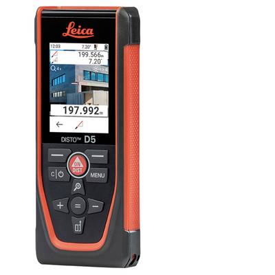 Handheld laserafstandsmeter met een digitaal scherm, waarbij metingen worden weergegeven van '199,566 m' verticaal en '197,992 m' horizontaal.