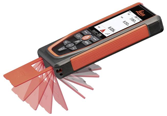 Een laserafstandsmeter met een digitaal display, knoppen en een intrekbare rode hoekzoeker, gebruikt voor nauwkeurige metingen.