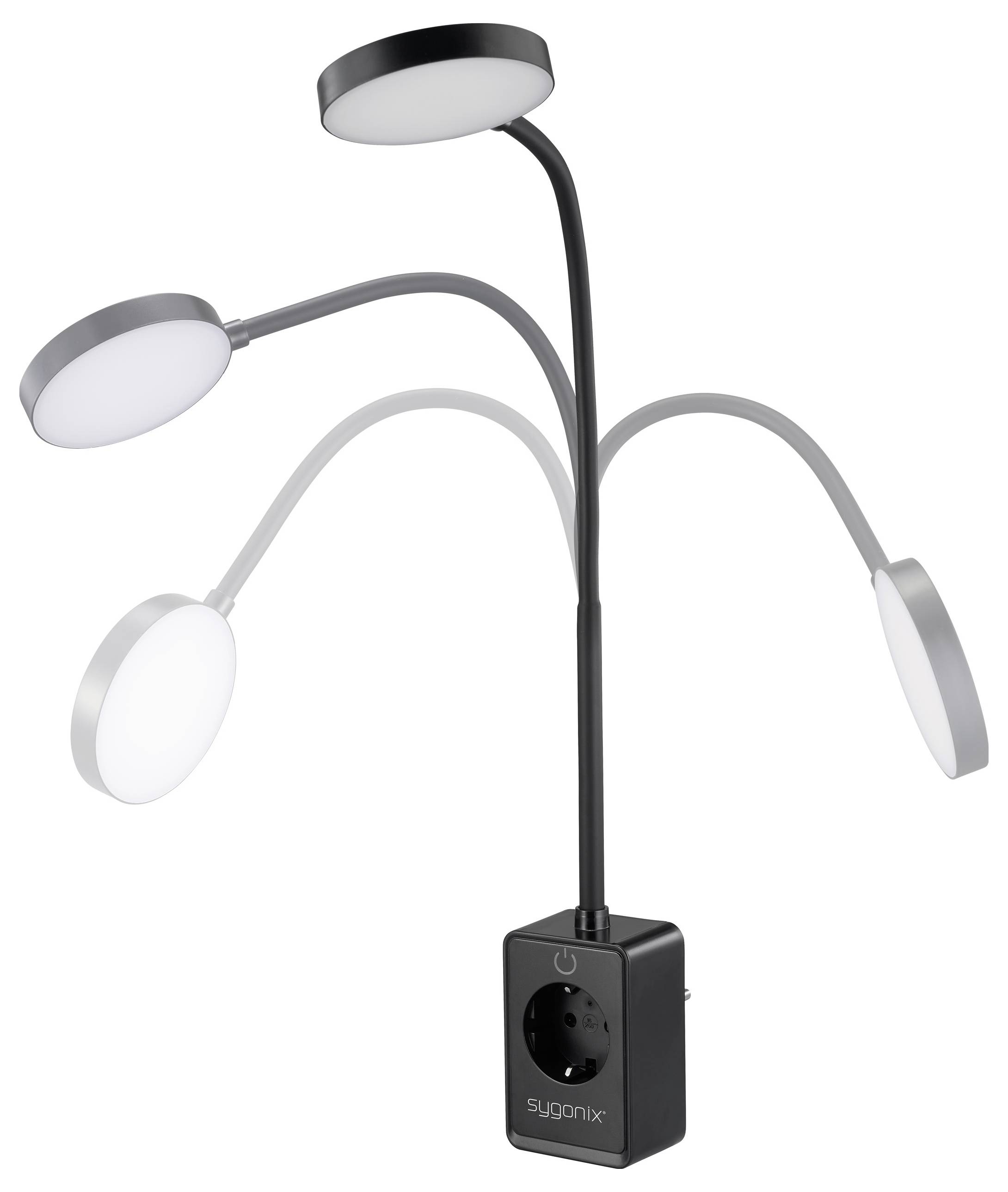 'Een zwarte LED-groelampen voor planten met meerdere koppen en vier verstelbare ronde lampen op flexibele armen, ontworpen voor de groei van binnenplanten.'