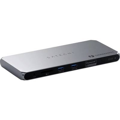 Een Satechi Thunderbolt-dockingstation met DisplayLink-technologie, voorzien van USB-poorten, een SD-kaartslot en een aan/uit-knop.