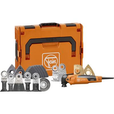 Fein oscillerende multitool-set met oranje draagkoffer. Bevat verschillende metaal- en houtsnijbladen en schuurtoebehoren.