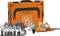 Fein oscillerende multitool-set met oranje draagkoffer. Bevat verschillende metaal- en houtsnijbladen en schuurtoebehoren.