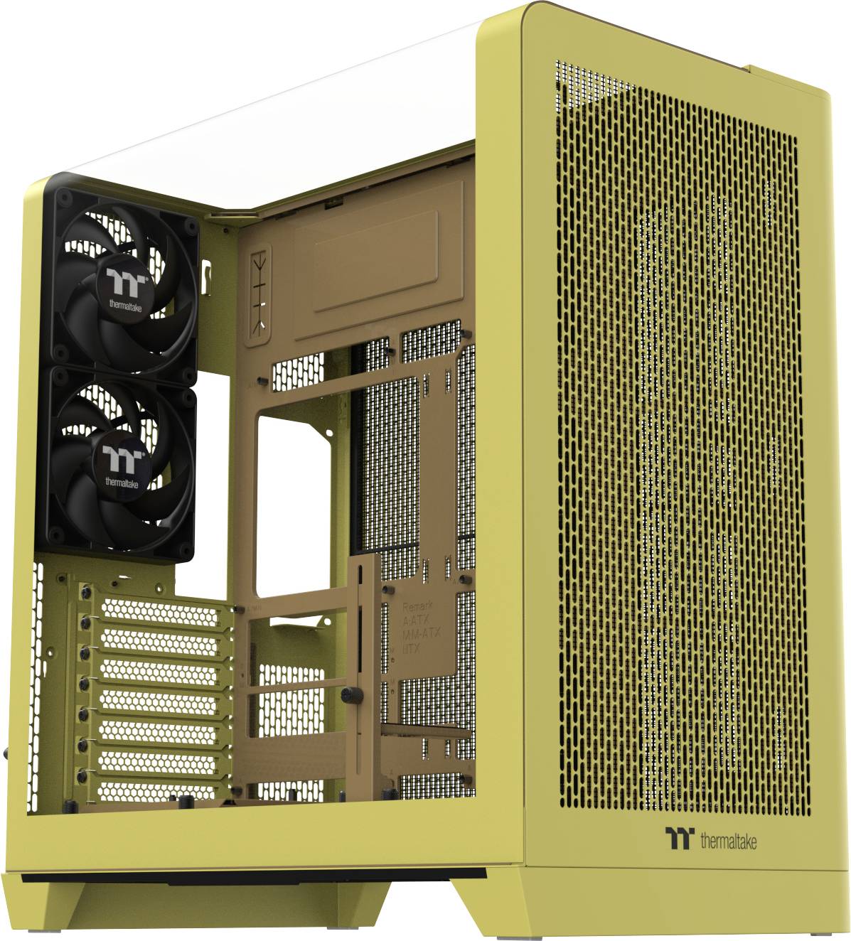 Gele Thermaltake computerbehuizing met een gaasfront en twee aan de zijkant gemonteerde ventilatoren, ontworpen voor efficiënte luchtstroom en koeling.