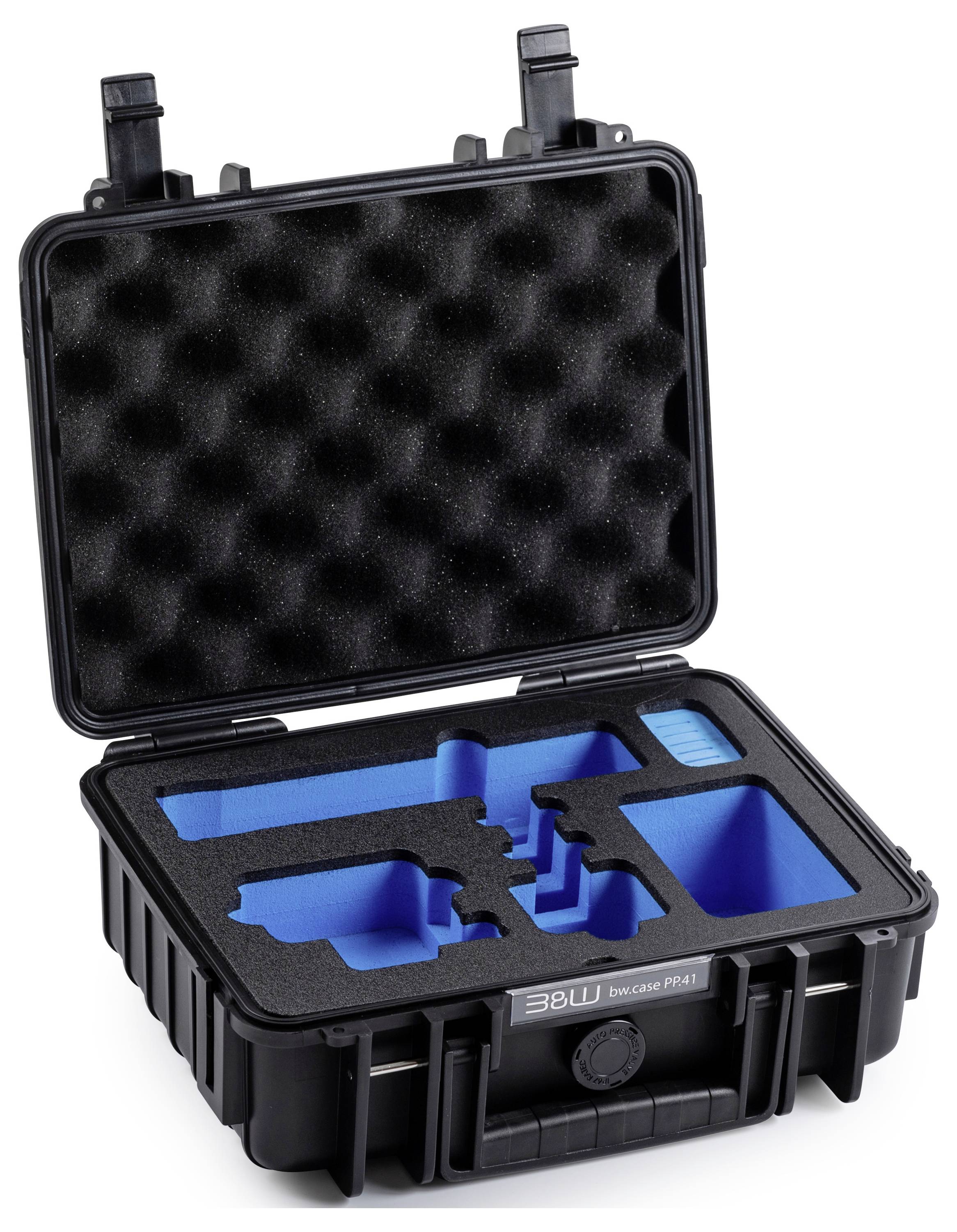 Een zwarte robuuste behuizing met een opengeslagen deksel, waarbij op maat gemaakte blauwe schuiminzetstukken zichtbaar zijn, ontworpen om specifieke apparatuur of gereedschappen stevig en veilig te bevestigen.