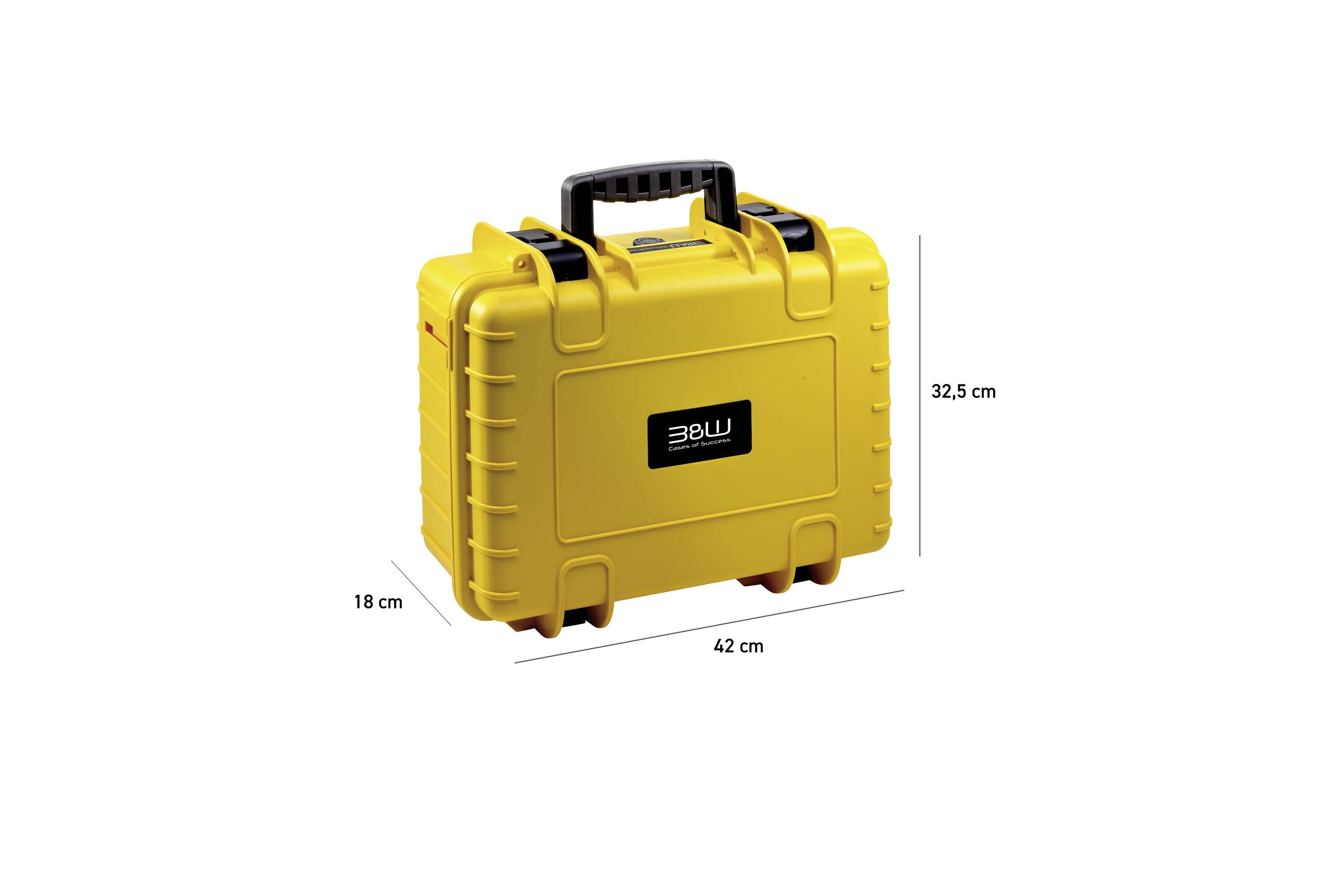 Een gele harde behuizing met een handvat, voorzien van het logo 'BW', meet 32,5 cm in hoogte, 42 cm in breedte en 18 cm in diepte.