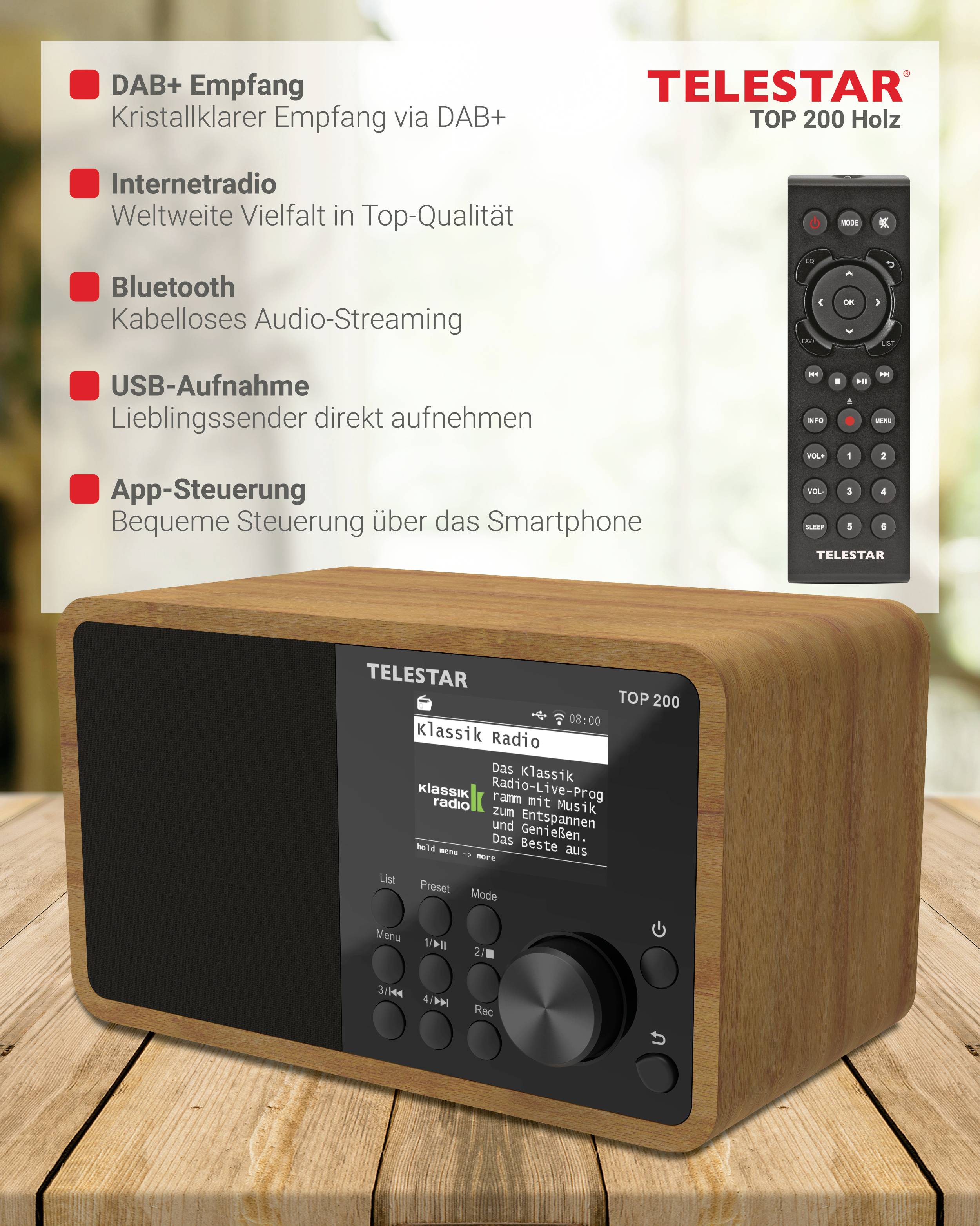 Telestar TOP 200 Holz Transistorradio met internetradio Internet, DAB+, VHF (FM) Bluetooth, USB, WiFi, AUX Hout-7