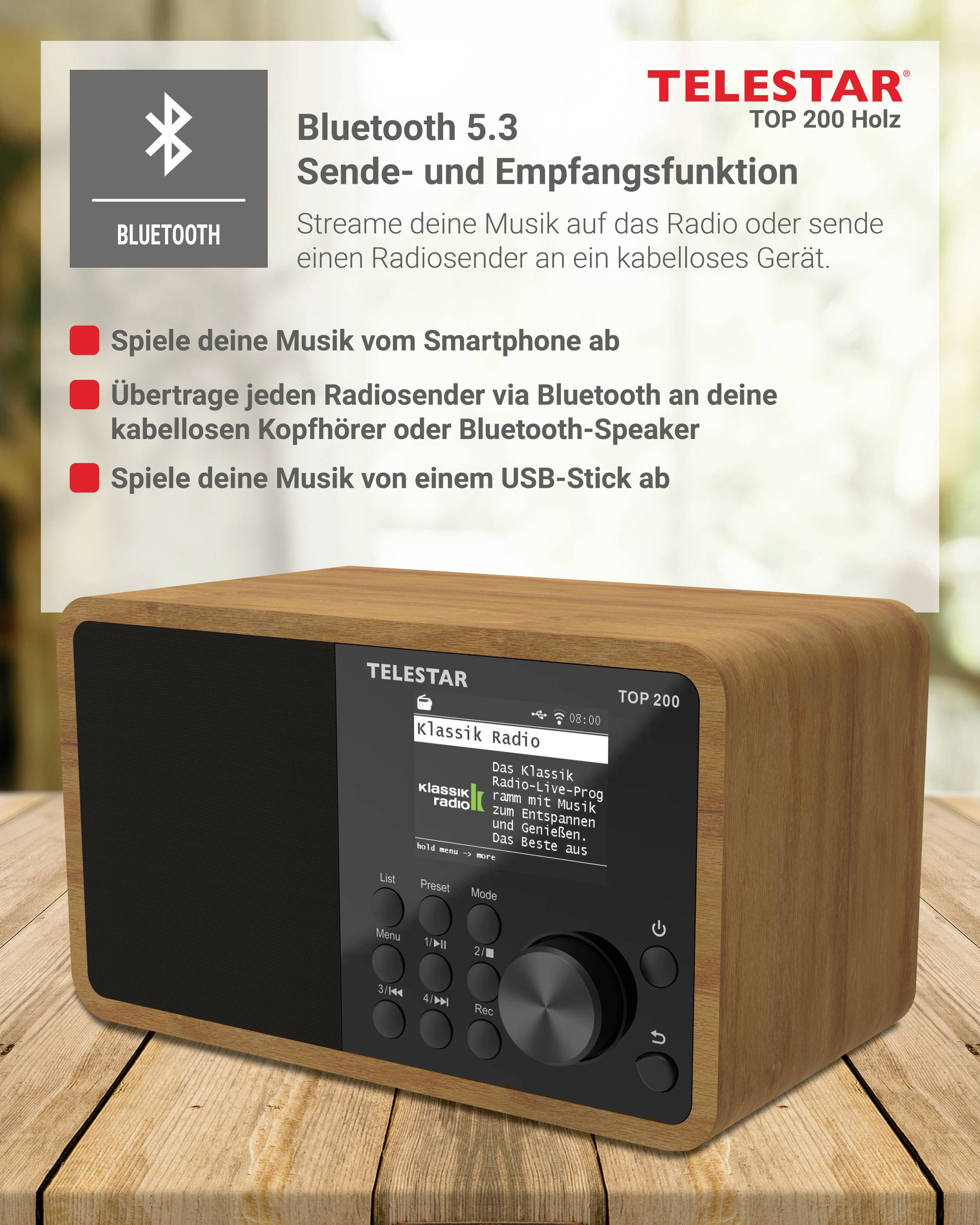 Telestar TOP 200 Holz Transistorradio met internetradio Internet, DAB+, VHF (FM) Bluetooth, USB, WiFi, AUX Hout-9
