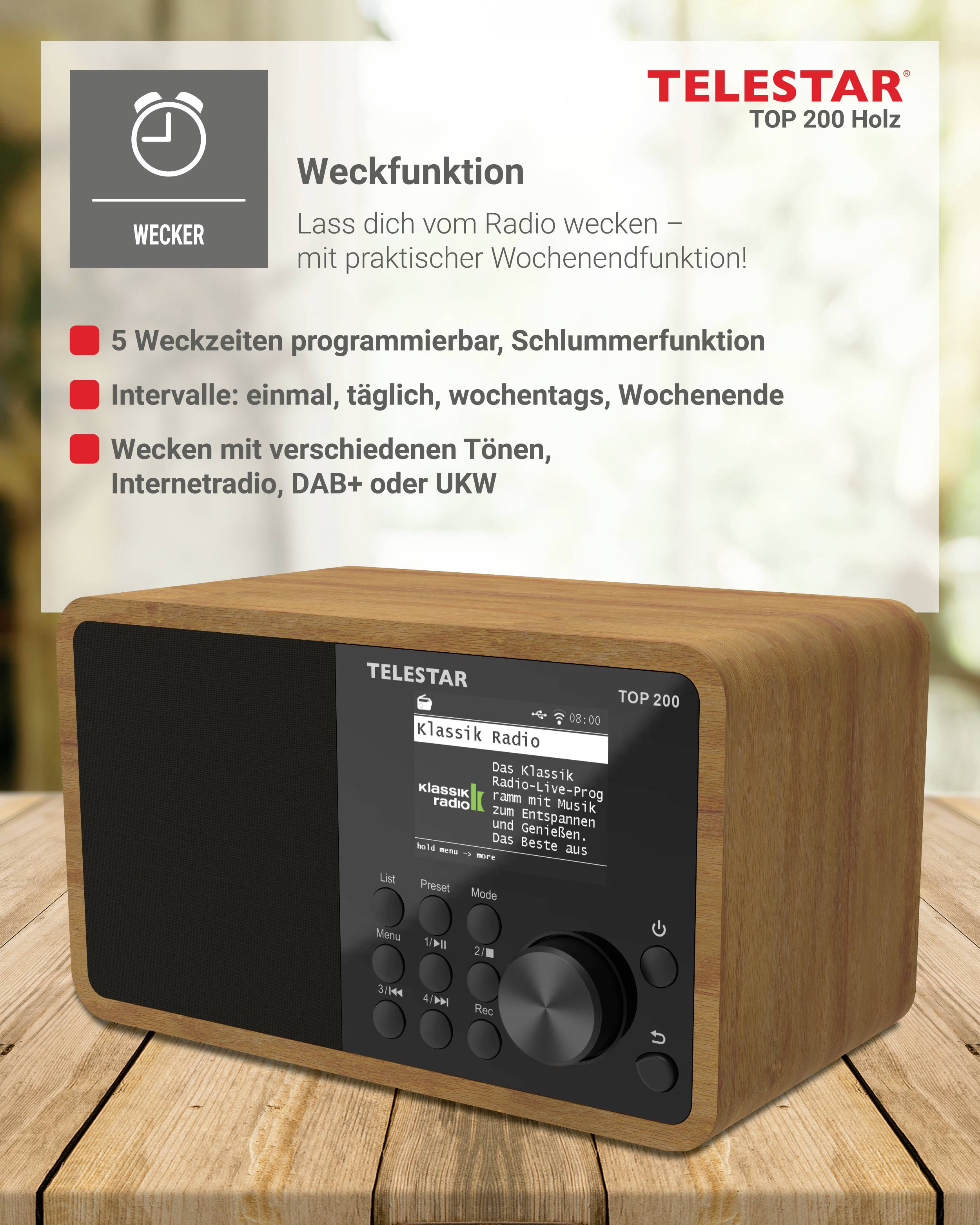 Telestar TOP 200 Holz Transistorradio met internetradio Internet, DAB+, VHF (FM) Bluetooth, USB, WiFi, AUX Hout-12