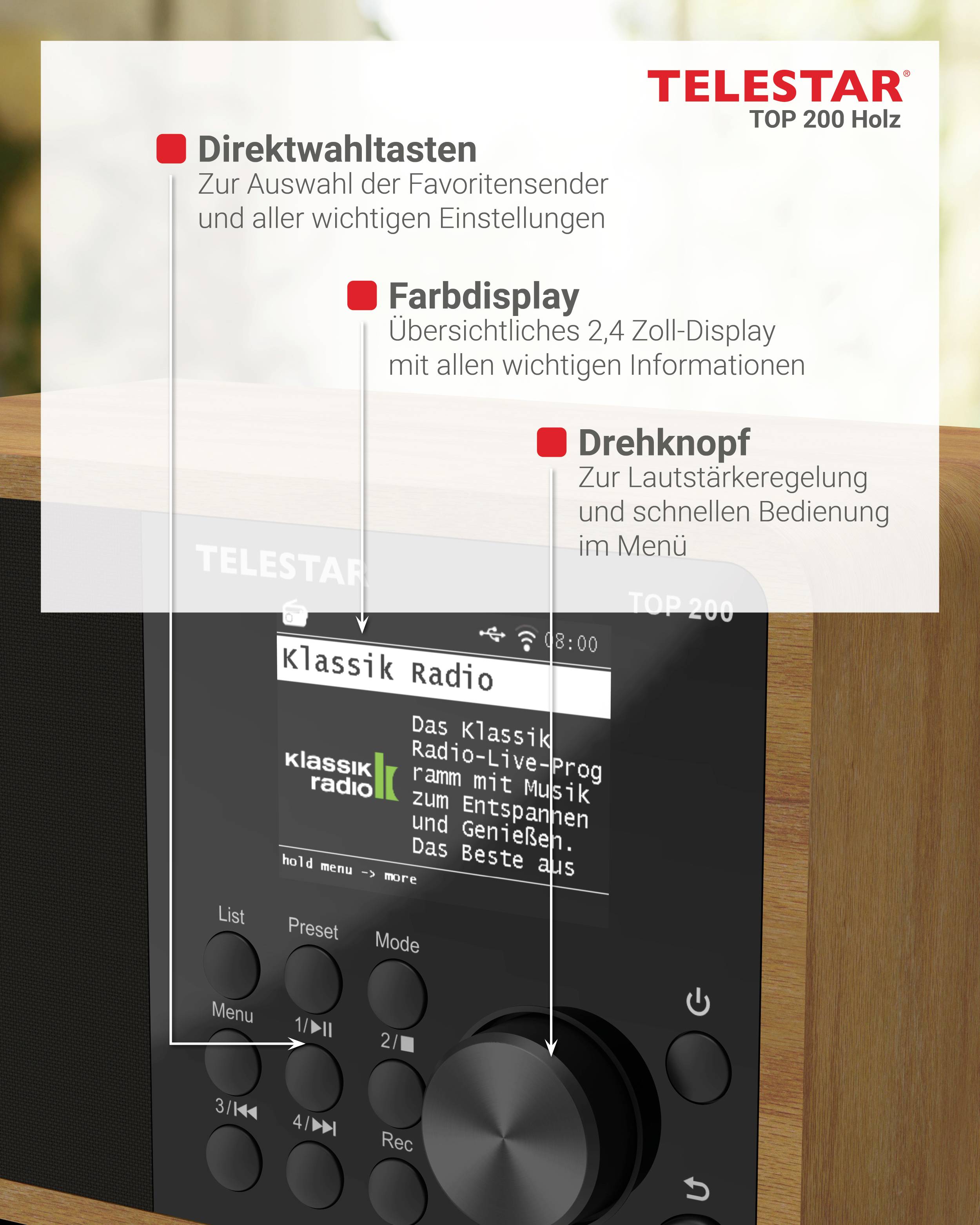 Telestar TOP 200 Holz Transistorradio met internetradio Internet, DAB+, VHF (FM) Bluetooth, USB, WiFi, AUX Hout-14