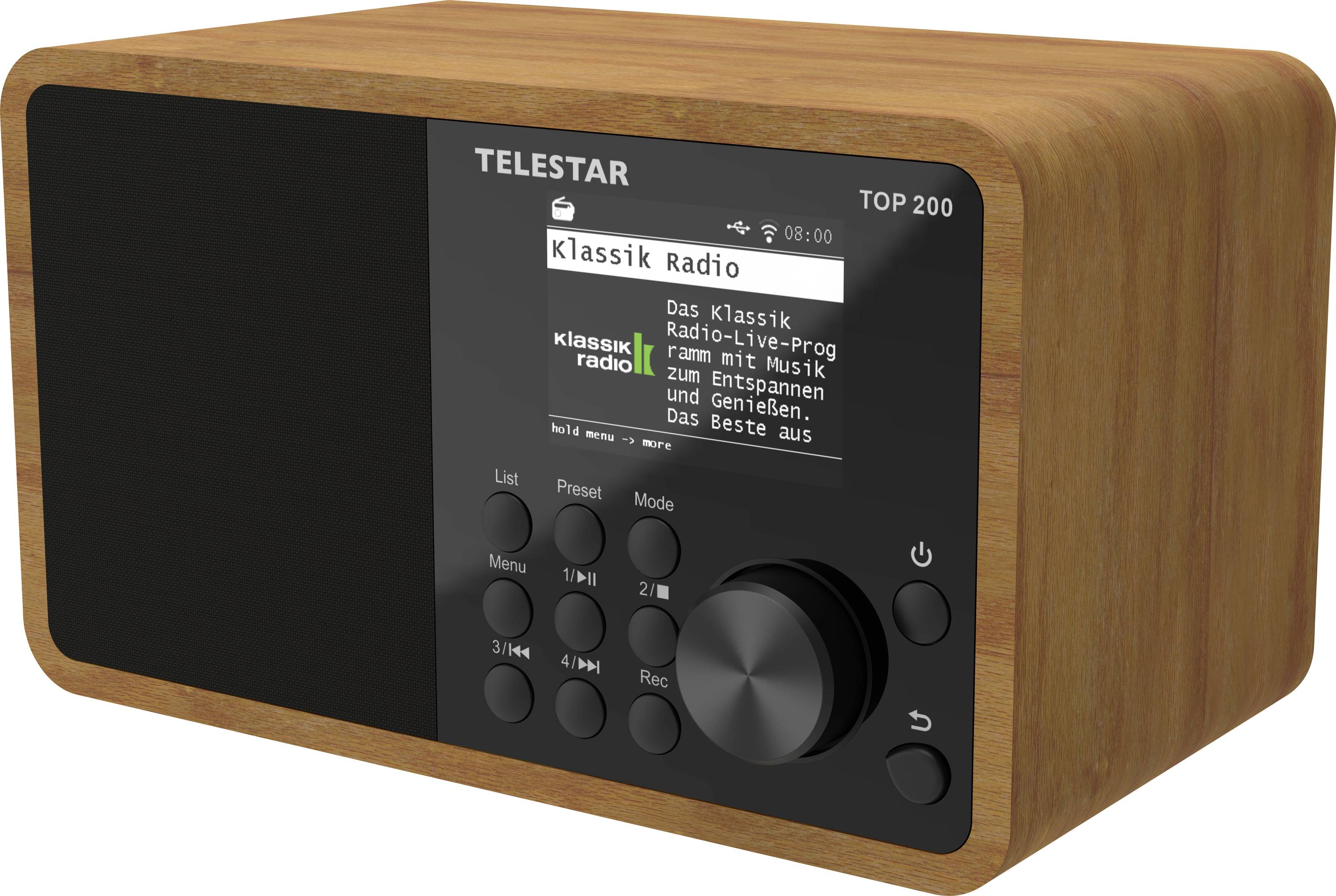 Een houten digitale radio met een display-scherm waarop 'Klassik Radio' staat en bedieningsknoppen voor navigatie.