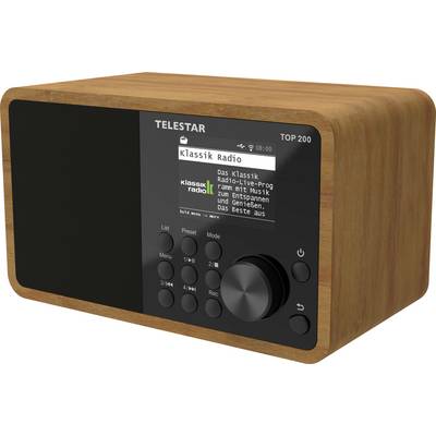 Een houten digitale radio met een display-scherm waarop 'Klassik Radio' staat en bedieningsknoppen voor navigatie.