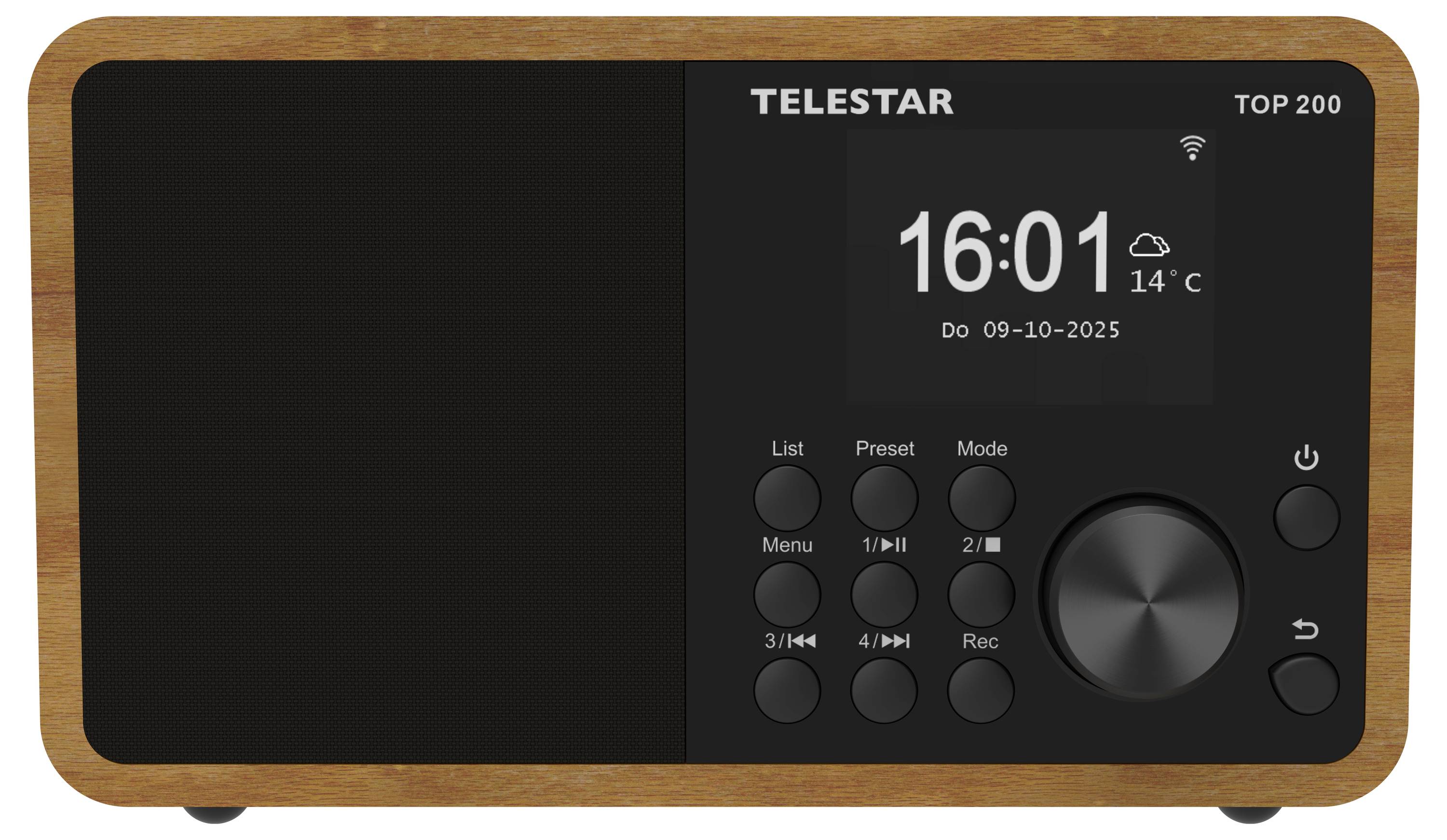 Een digitale radio met een houten frame waarop '16:01, Do 09-10-2025' wordt weergegeven, en de huidige temperatuur '14°C'. Meerdere bedieningsknoppen zijn zichtbaar.
