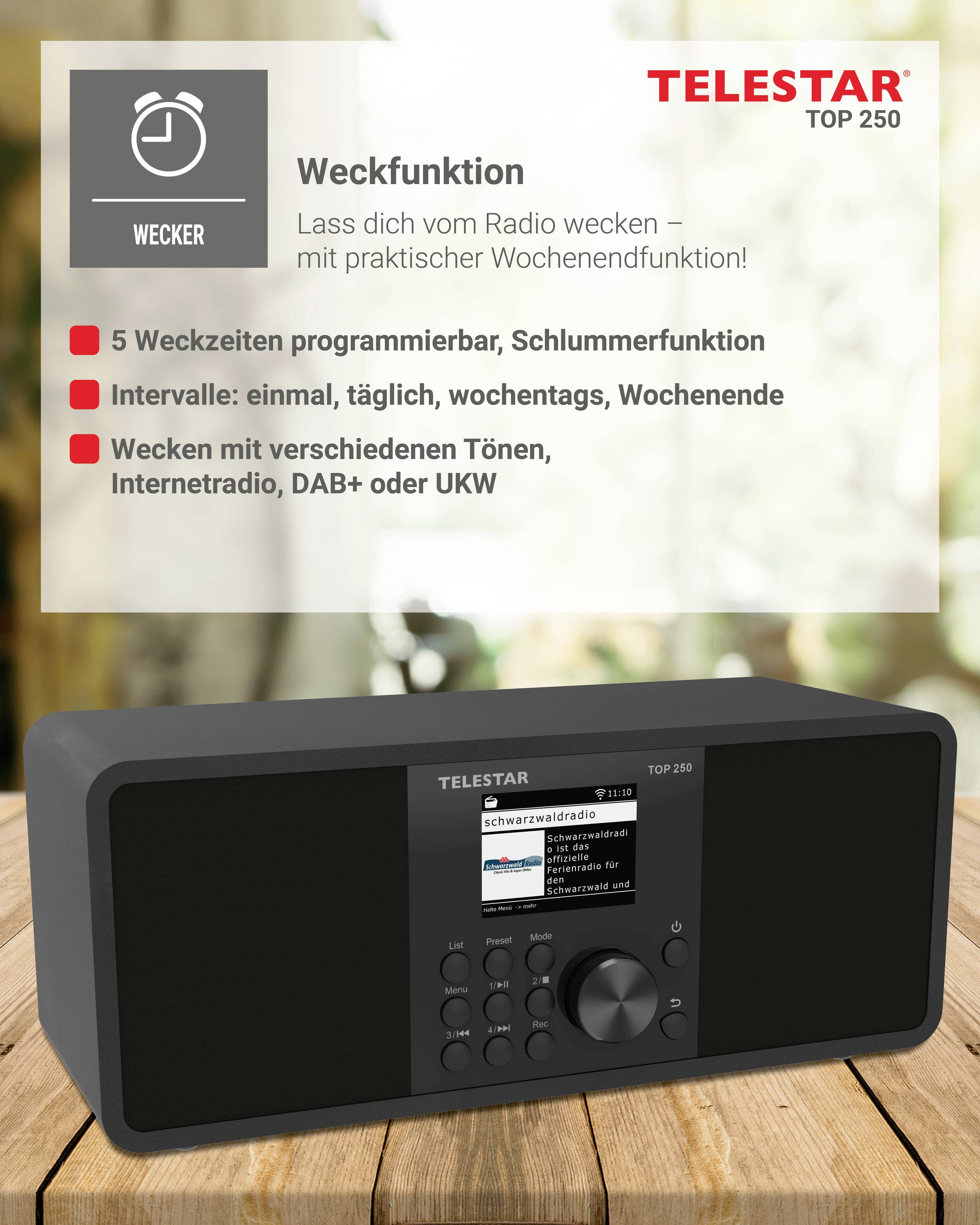 Radiowekker-beschrijving: 'TELSTAR TOP 250' met programmeerbare wektijden, internet- en FM-radio. Hoogtepunt is de weekendfunctie.