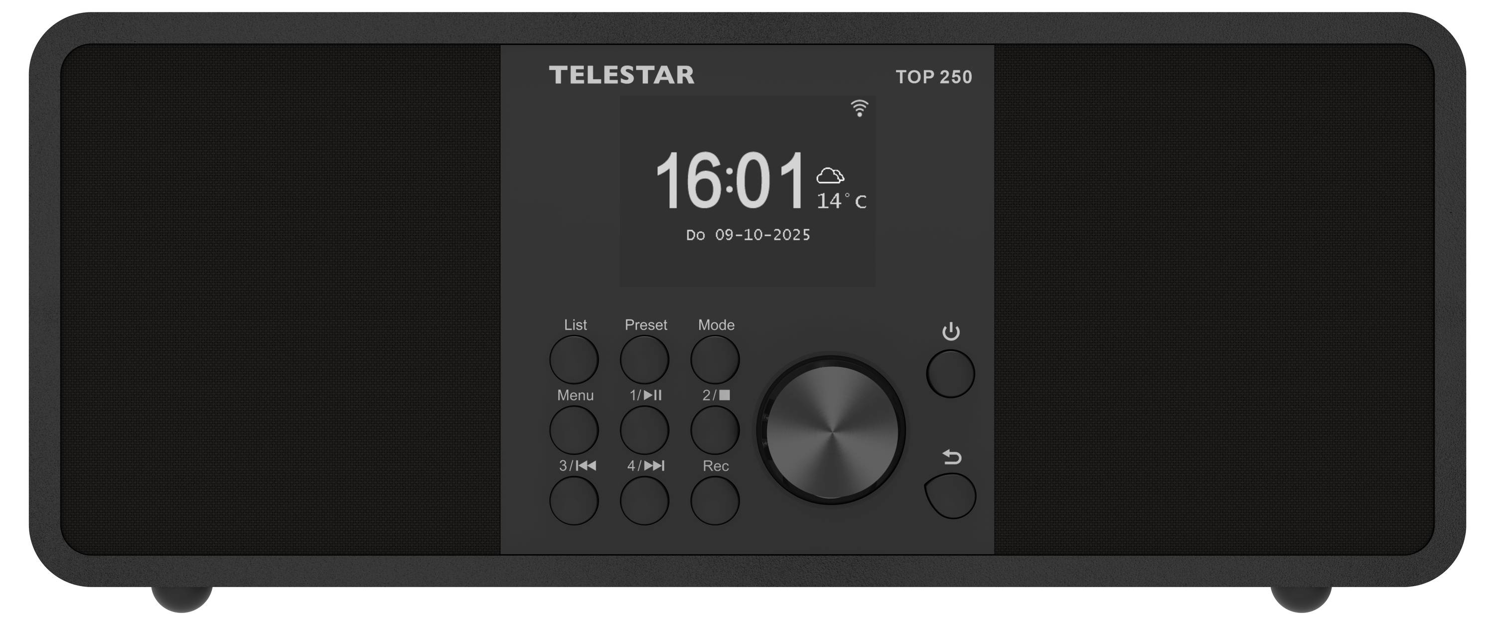 Een zwarte digitale radio met een centraal display dat '16:01', 14°C en 'Do 09-10-2025' weergeeft. Voorzien van knoppen en een grote bedieningsdraaiknop.