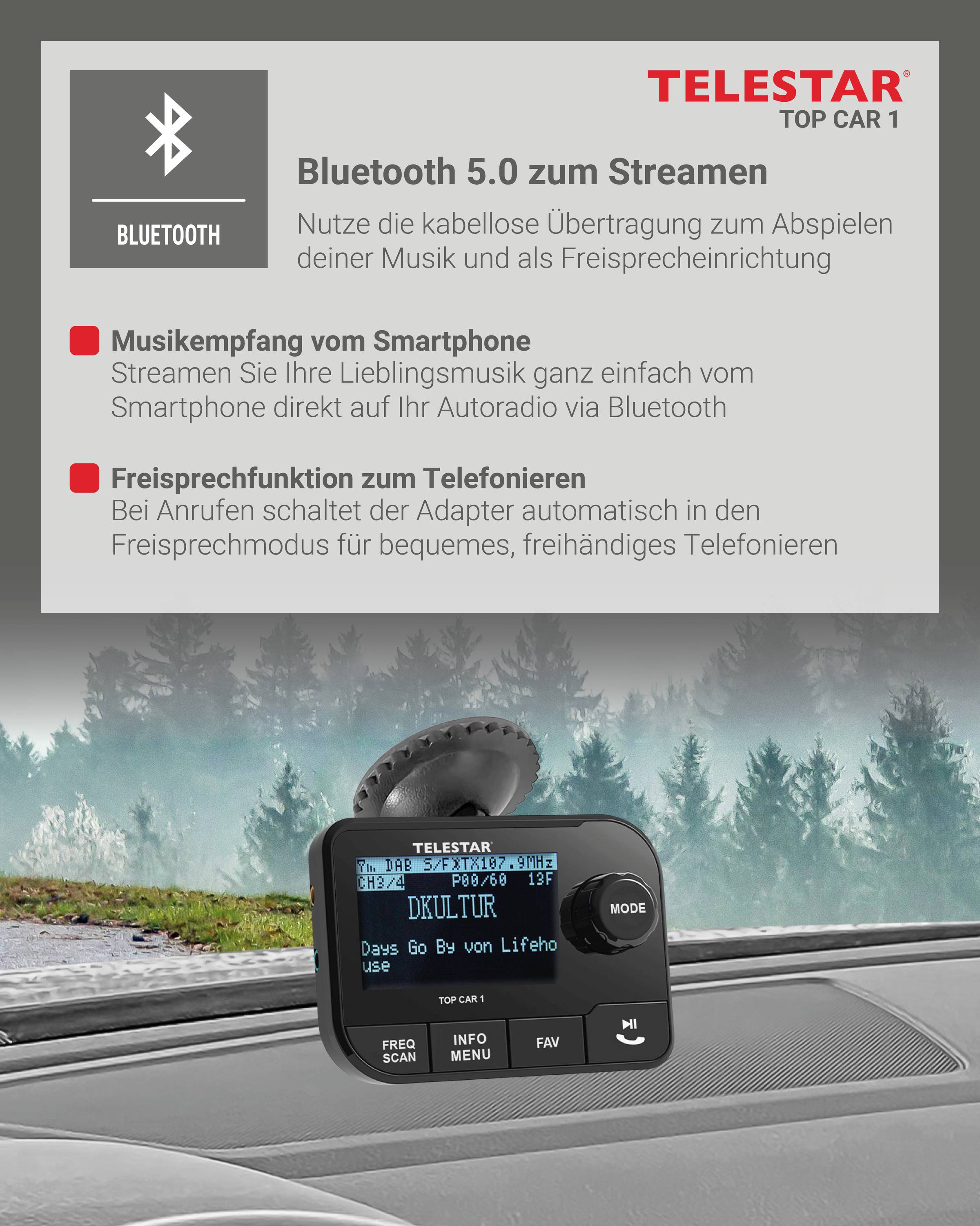 'TELESTAR Top Car 1 Bluetooth 5.0 voor streaming. Muziekstreaming via smartphone. Handsfree bellen. Gepresenteerd in een bosbuitensetting.'