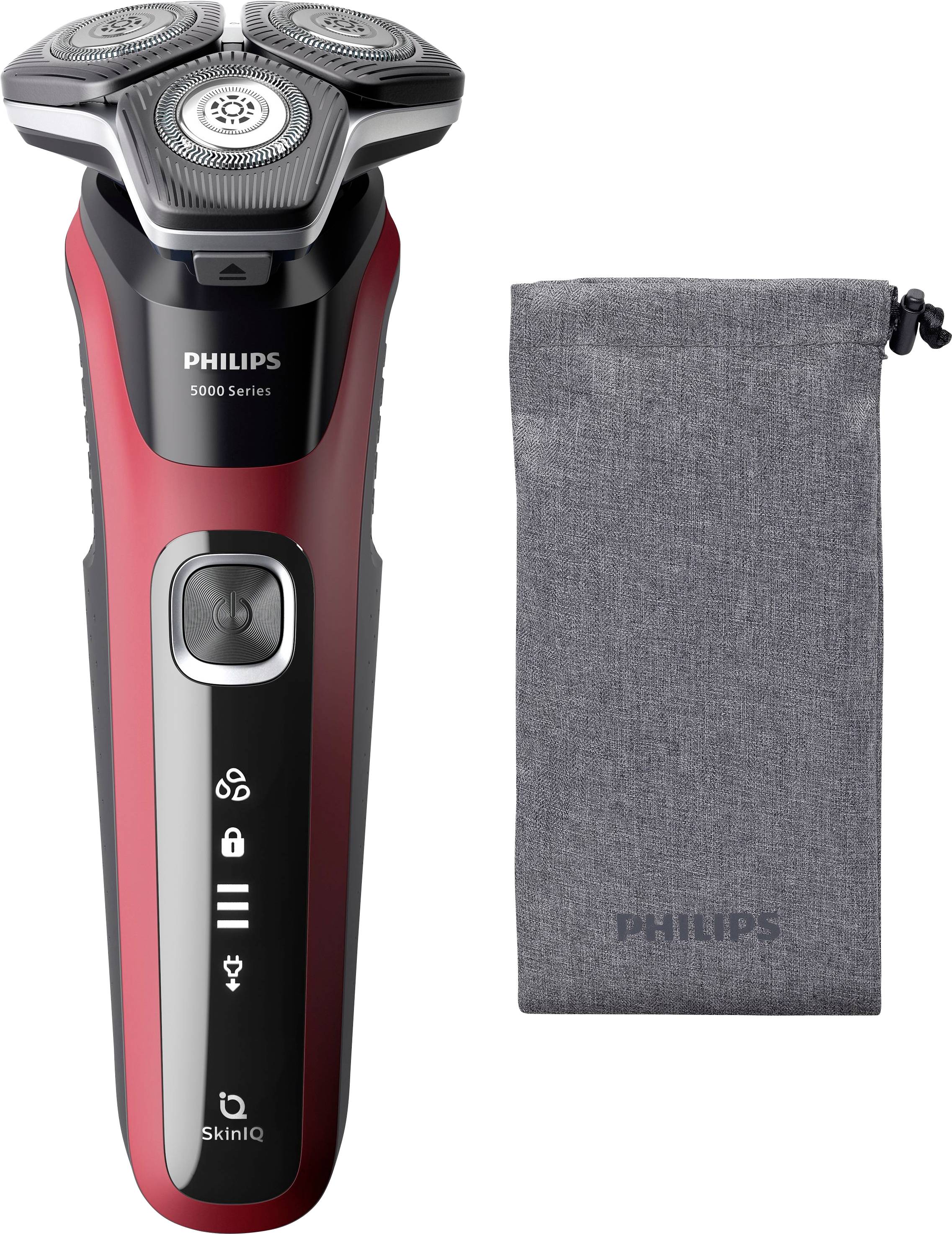 'Philips 5000 Series' rode elektrische scheerapparaat met verwisselbare koppen naast een grijze stoffen draagtas.