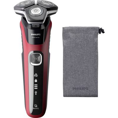 'Philips 5000 Series' rode elektrische scheerapparaat met verwisselbare koppen naast een grijze stoffen draagtas.