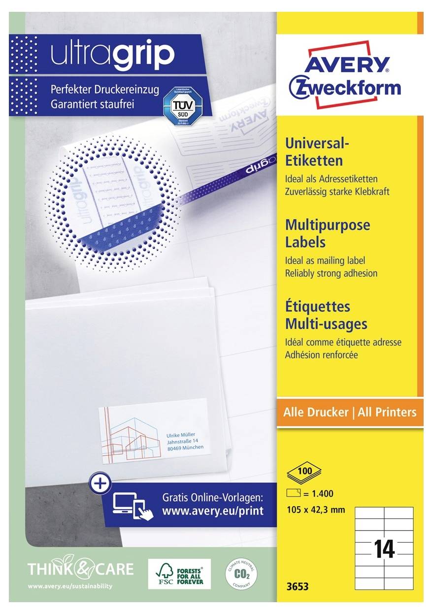 Avery-Zweckform 6136 Universele etiketten 105 x 42.3 mm Papier Wit 1 stuk(s) Permanent hechtend-1