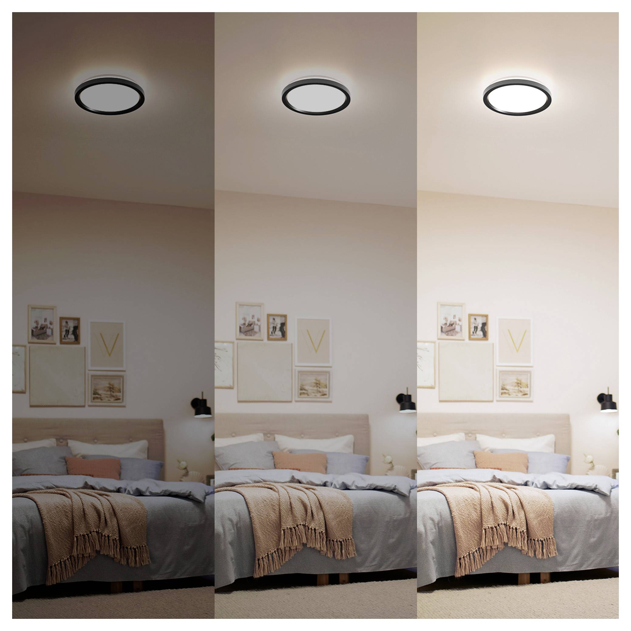 Een slaapkamer verlicht met drie lichtmodi: koel, neutraal en warm, afkomstig van een plafondlamp boven een bed met ingelijste kunst aan de muur en kussens eronder.