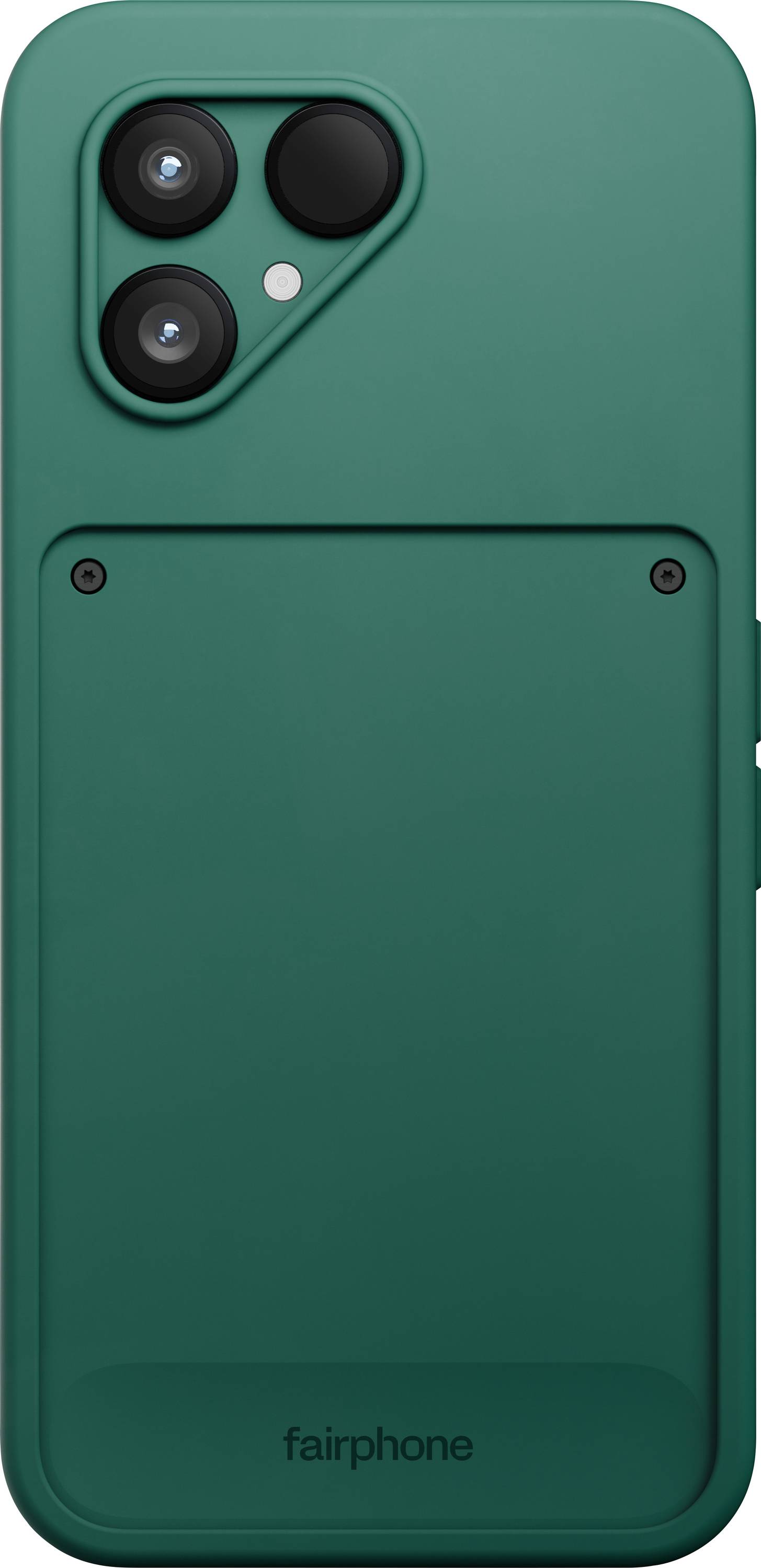 Een groene smartphone met een modulair ontwerp, voorzien van dubbele achteruitcamera's en het 'fairphone'-logo onderaan.