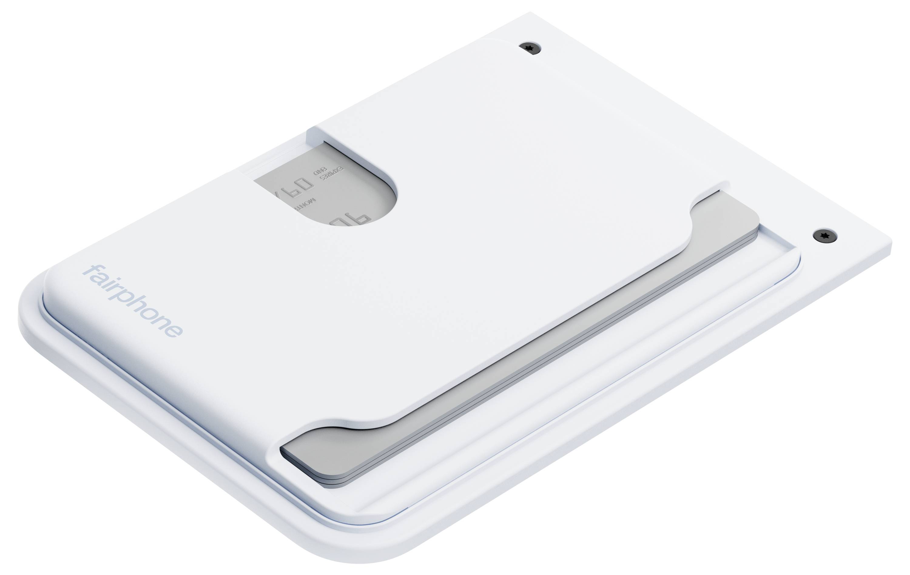 Witte Fairphone beschermhoes ontworpen met een strak omhulsel, waarbij een deel van een intern module zichtbaar is, waarschijnlijk ter benadrukking van zijn modulariteitsfunctie.