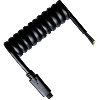 Een opgerolde zwarte kabel met een connector aan de ene kant en blootgestelde draden aan de andere kant, met groene, blauwe, gele en rode draden.