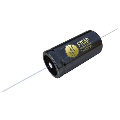 Een zwarte cilindrische condensator met draadaansluitingen aan weerszijden, voorzien van het 'FTCAP' en 'Frequency & Temperature Capacitors' logo.