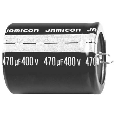 'Een zwarte cilindrische condensator met het label "Jamicon 470 µF 400 V", voorzien van twee draadaansluitingen.'