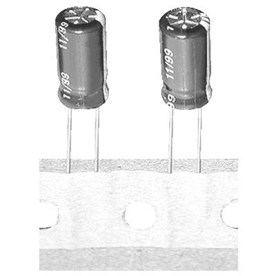 Twee zwarte cilindrische elektronische condensatoren met lange metalen aansluitdraden die uit de onderkant steken, bevestigd aan een witte geperforeerde strip.