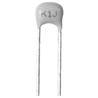 Een keramische condensator met de markering 'K1J' op zijn behuizing, voorzien van twee metalen aansluitdraden die naar beneden uitsteken.