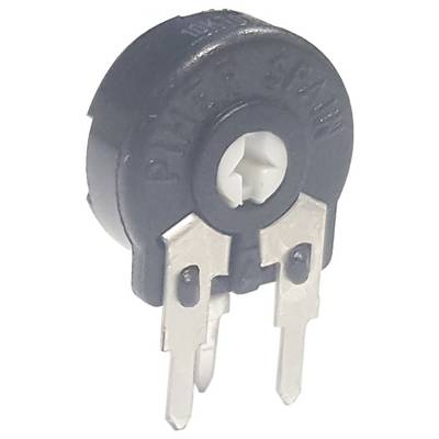 Een zwarte rotatieve potentiometer met drie metalen pennen. De bovenkant heeft gegraveerde tekst, en het midden beschikt over een witte instelknop.