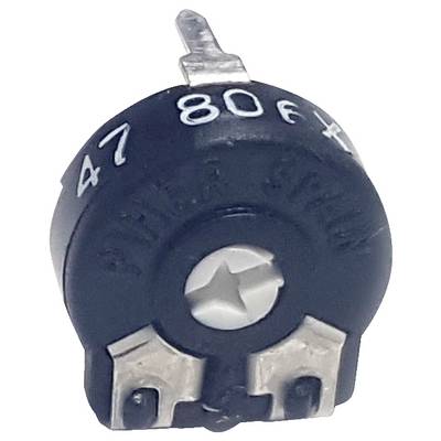Een kleine, zwarte variabele weerstand met een witte verstelmiddenschroef bovenop, gemerkt met '47' en '806'. Wordt gebruikt voor het aanpassen van elektrische weerstand.