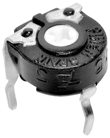 Een kleine, enkelslag trimmer potentiometer met drie metalen poten en een verstelbare witte draaiknop, gebruikt voor het afregelen van elektronische schakelingen.