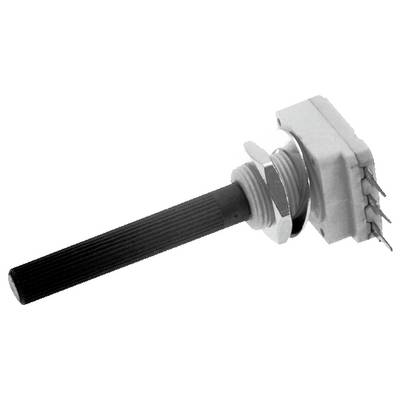 Een zwarte en metalen rotary encoder met een gestructureerde as en meerdere aansluitingen aan één uiteinde, gebruikt voor nauwkeurige bediening in elektronische apparaten.