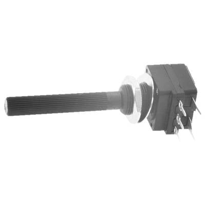 Een zwarte rotary encoder met een lange, gegroefde as en een zilveren moer voor montage, voorzien van vijf metalen pinnen voor elektrische aansluitingen.