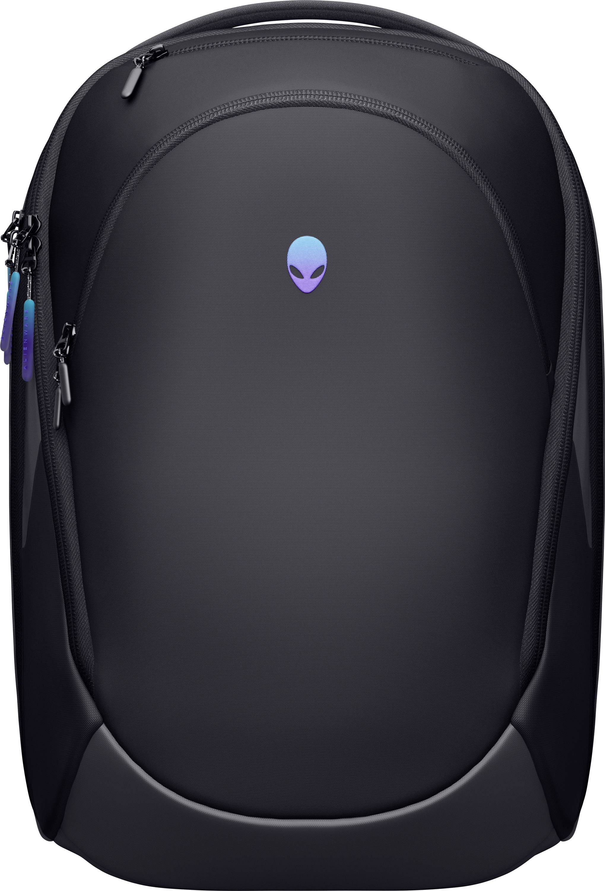 Een strakke zwarte rugzak met een minimalistisch ontwerp en een klein buitenaards logo nabij het midden-bovengedeelte. Geschikt voor het vervoeren van laptops en accessoires.
