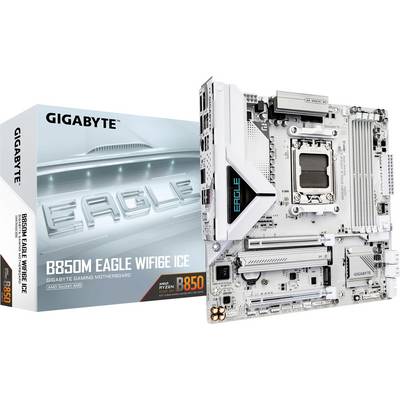 'GIGABYTE B850M EAGLE WIFI6E ICE' moederbord en verpakking tentoongesteld. Beschikt over geavanceerde koeling en connectiviteitsopties voor gaming.