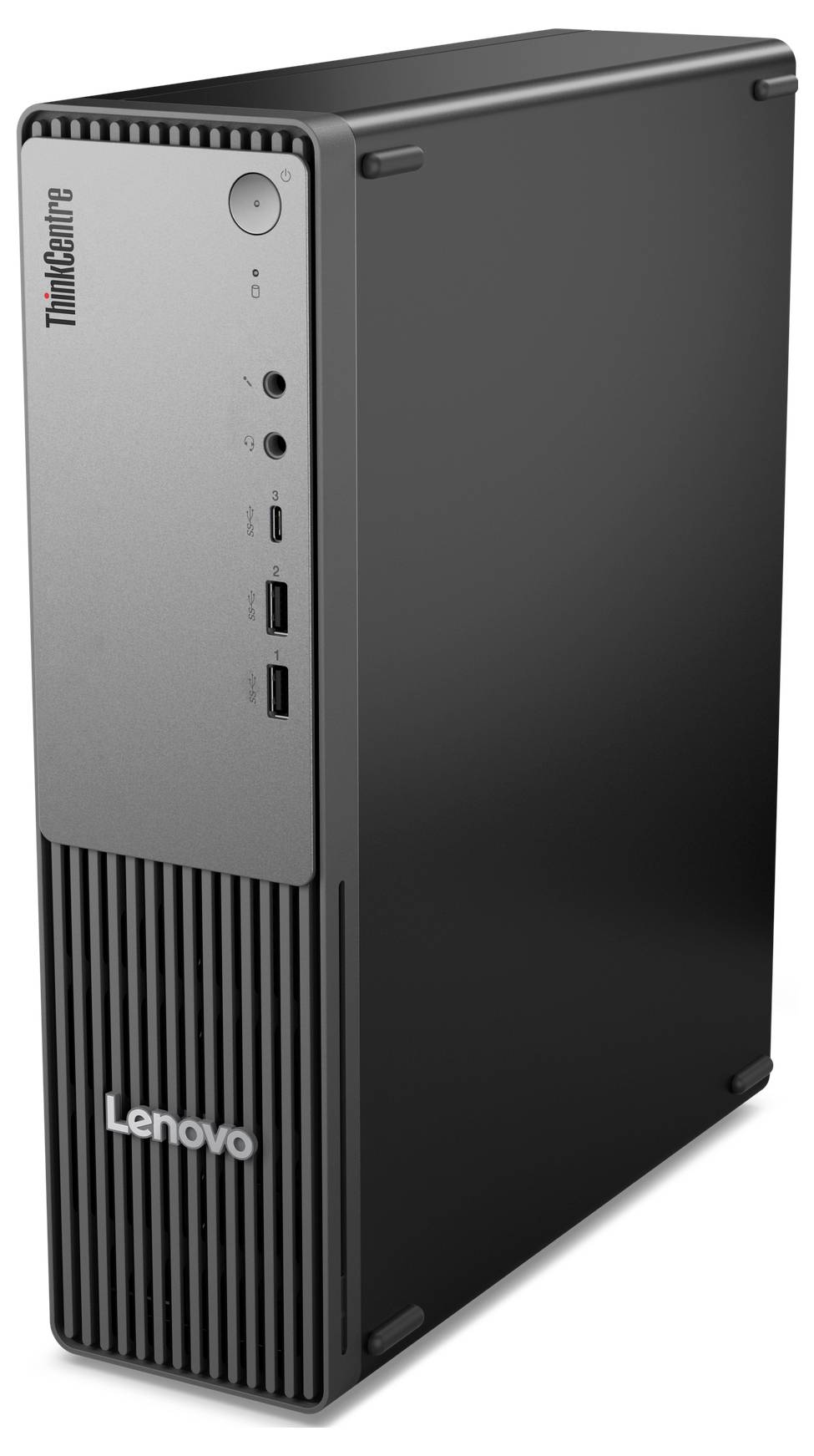 Een Lenovo desktopcomputer toren met een voorpaneel met merklogo's, aan/uit-knop, poorten en ventilatie-ontwerp.