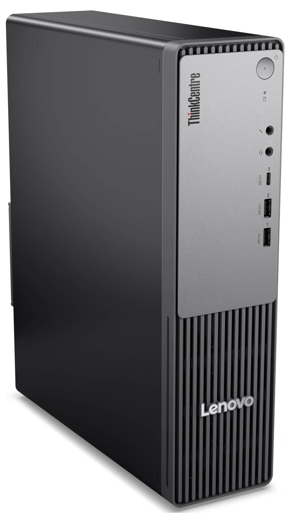 'Lenovo ThinkCentre desktopcomputer, rechtop staand, met een zilverkleurig voorpaneel met aan- en uitknop, USB-poorten en logo.'