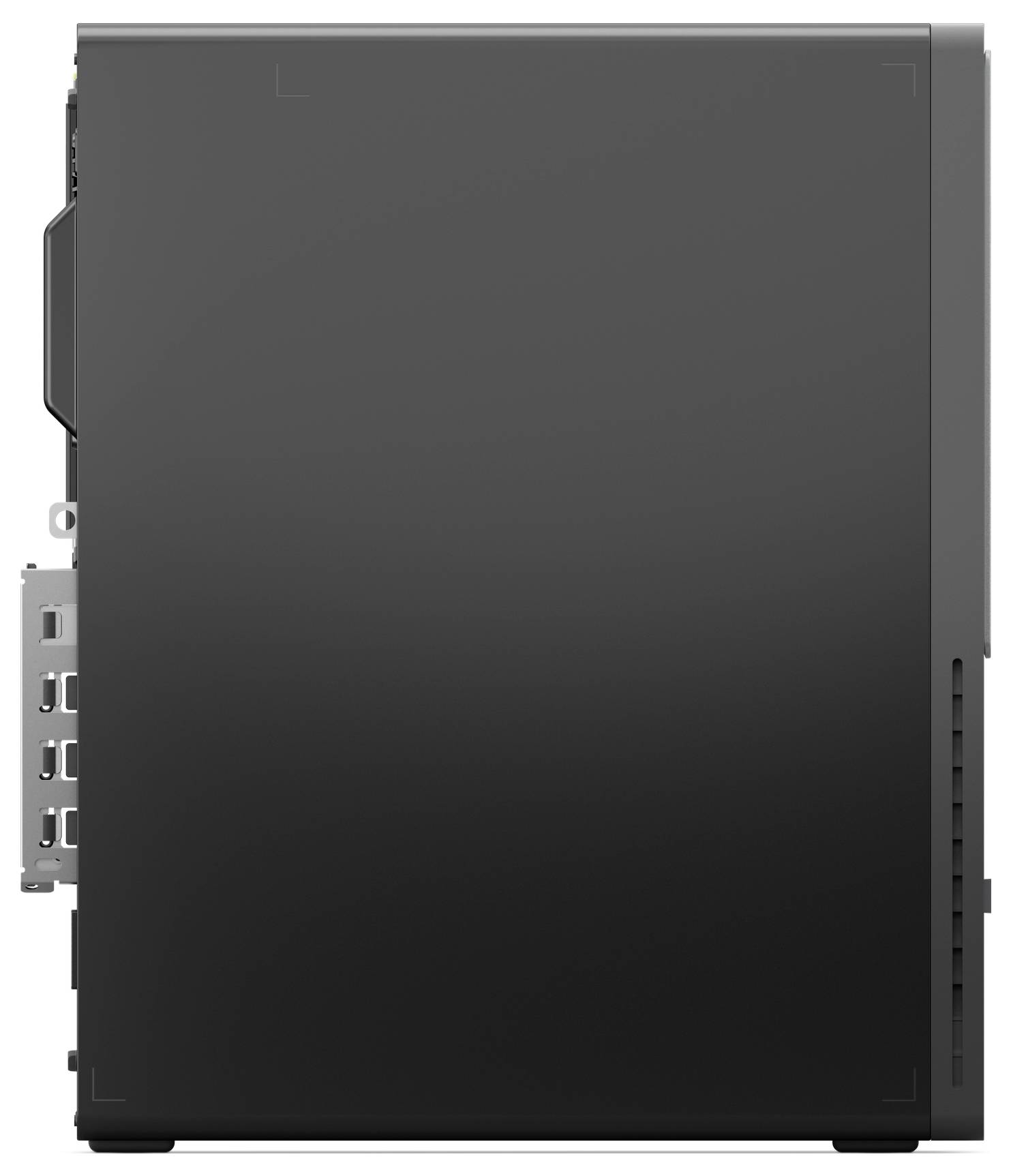 Een zwarte computertoren gezien van opzij, met meerdere poorten en ventilatiepanelen.