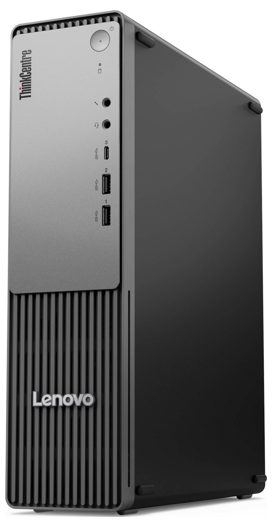 Een Lenovo ThinkCentre desktoptoren in zwart en grijs, met poorten op het voorpaneel.