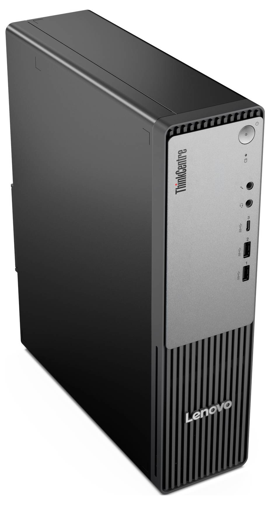 Een Lenovo ThinkCentre desktopcomputer-toren, met een zilveren voorpaneel met verschillende poorten en knoppen, staat tegen een egale achtergrond.