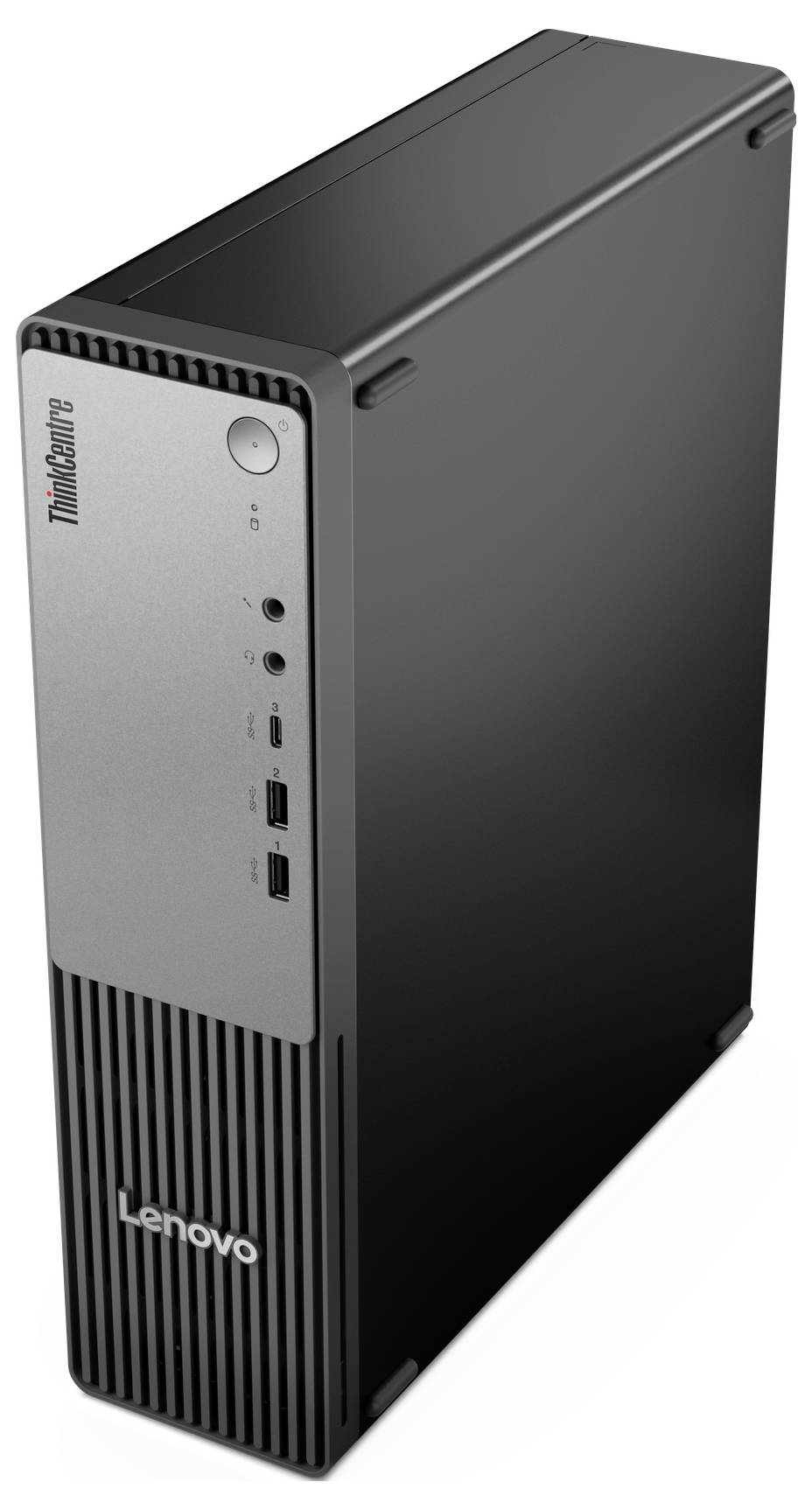 Een Lenovo ThinkCentre desktopcomputer toren, met verschillende frontpaneel poorten en knoppen, met het Lenovo-logo onderaan.