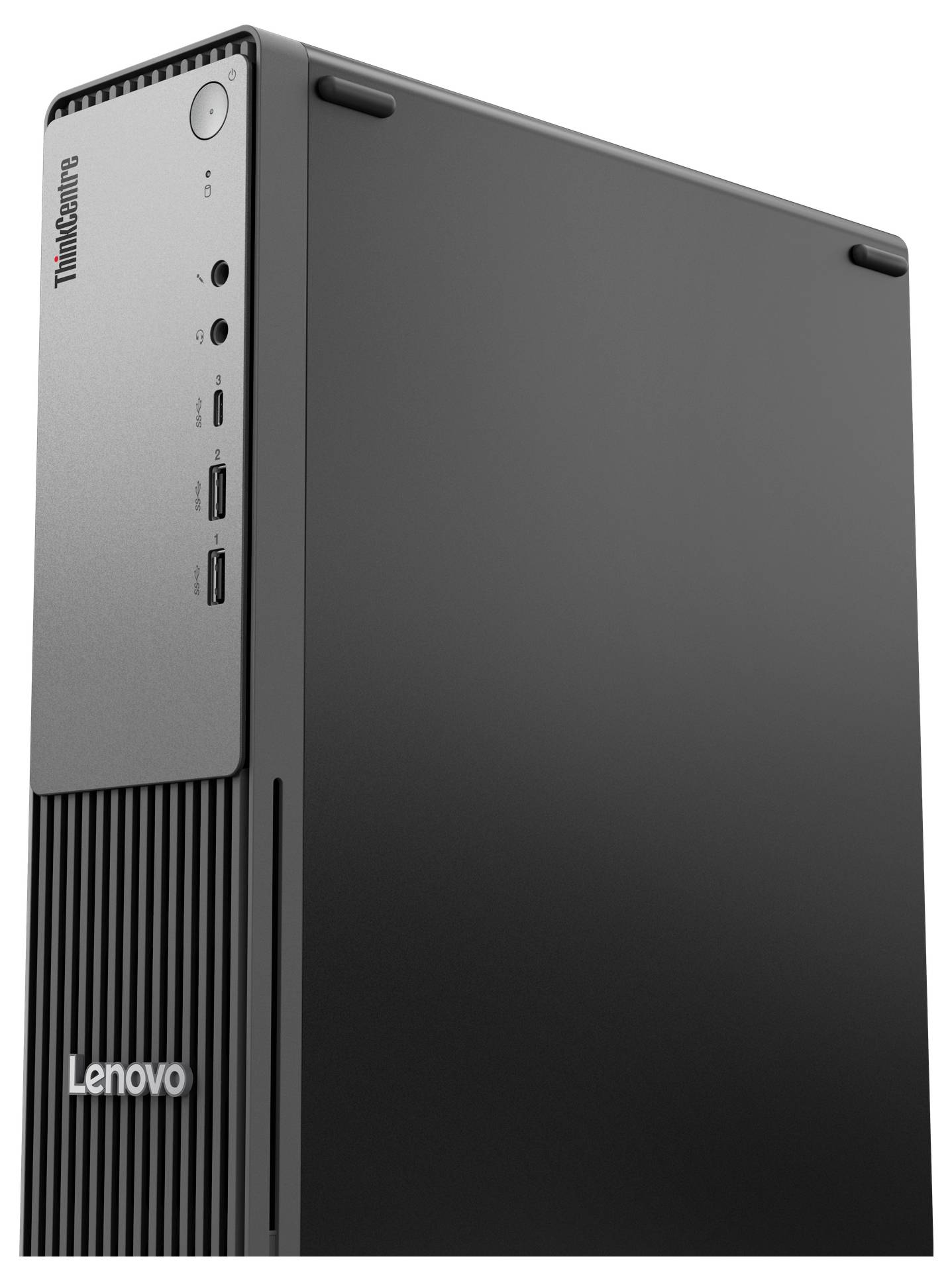 Een Lenovo ThinkCentre desktopcomputer toren, voorzien van meerdere USB-poorten en een audio-aansluiting op het voorpaneel.
